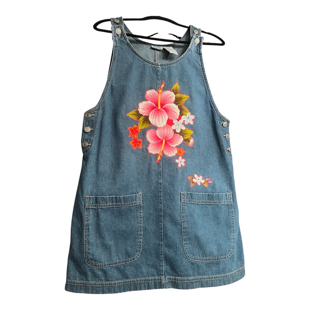 Refashioned Tropical Denim Pinafore Dress | Hibiscus Appliqué | Medium